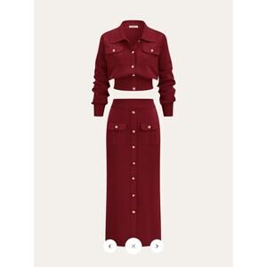 Commense Metal Button Collared Cardigan and Midi Skirt Set Sz M